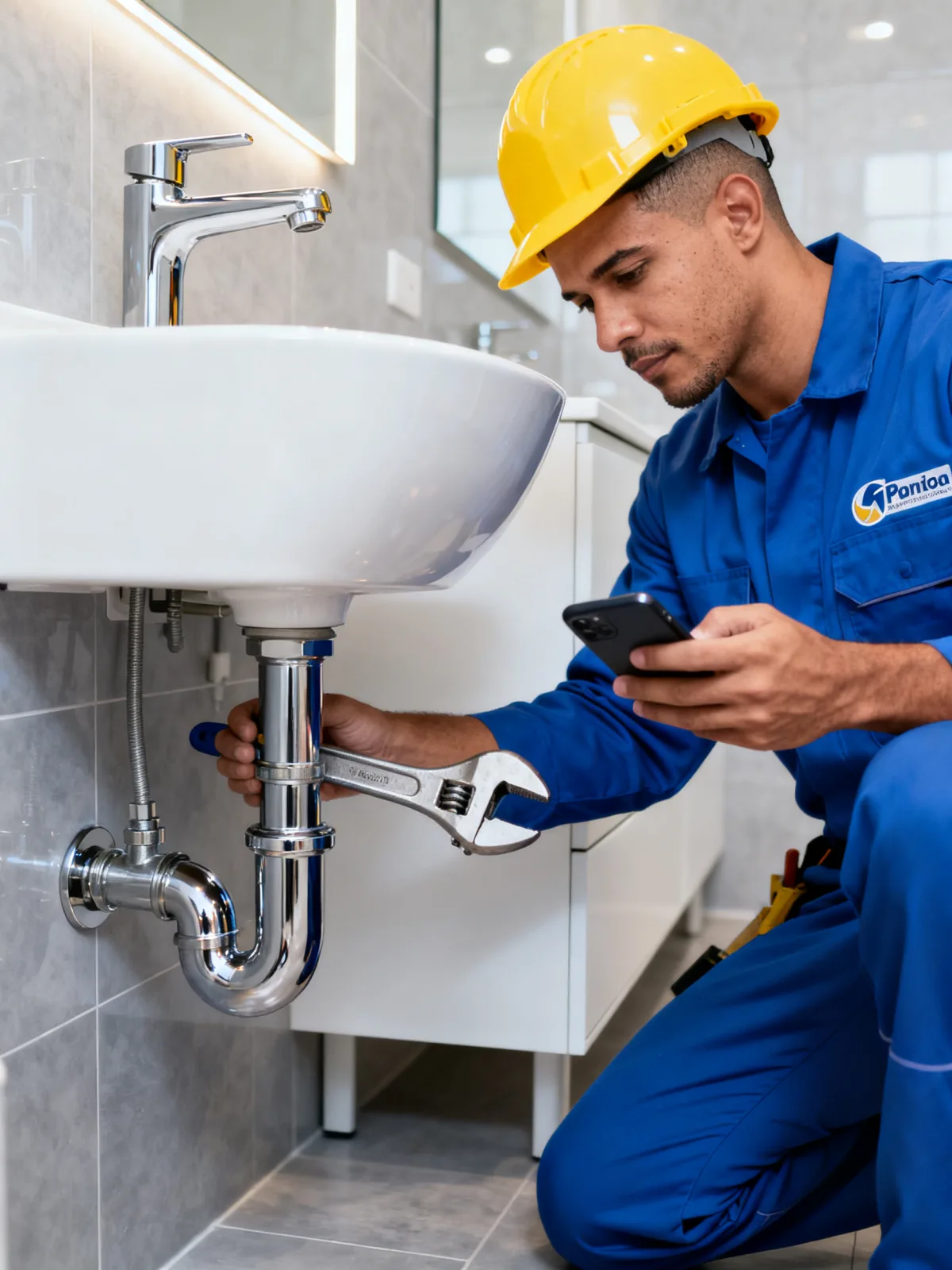 Encanador procurando informações de um serviço no celular