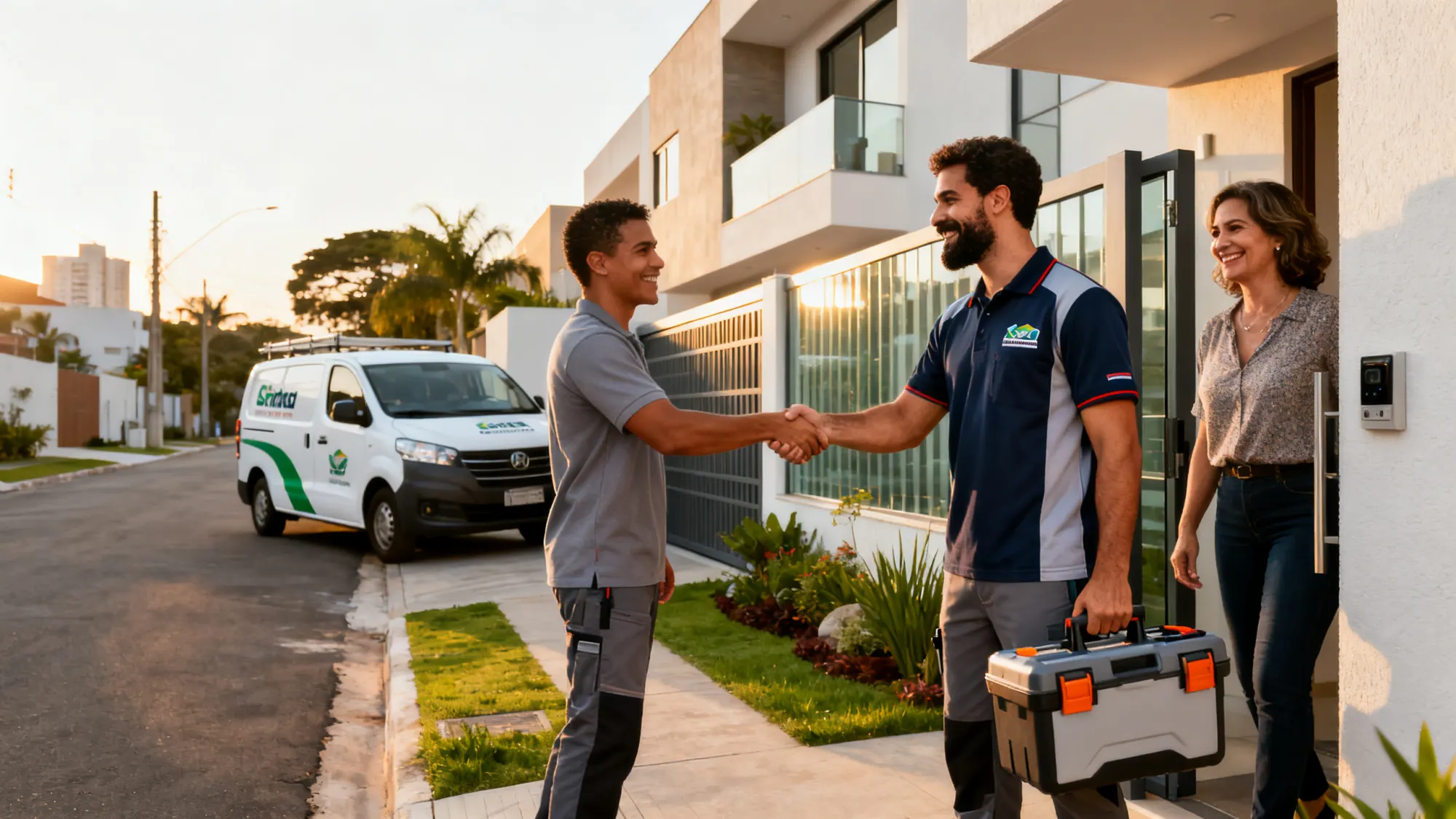 Encanador atendendo uma cliente na porta de casa