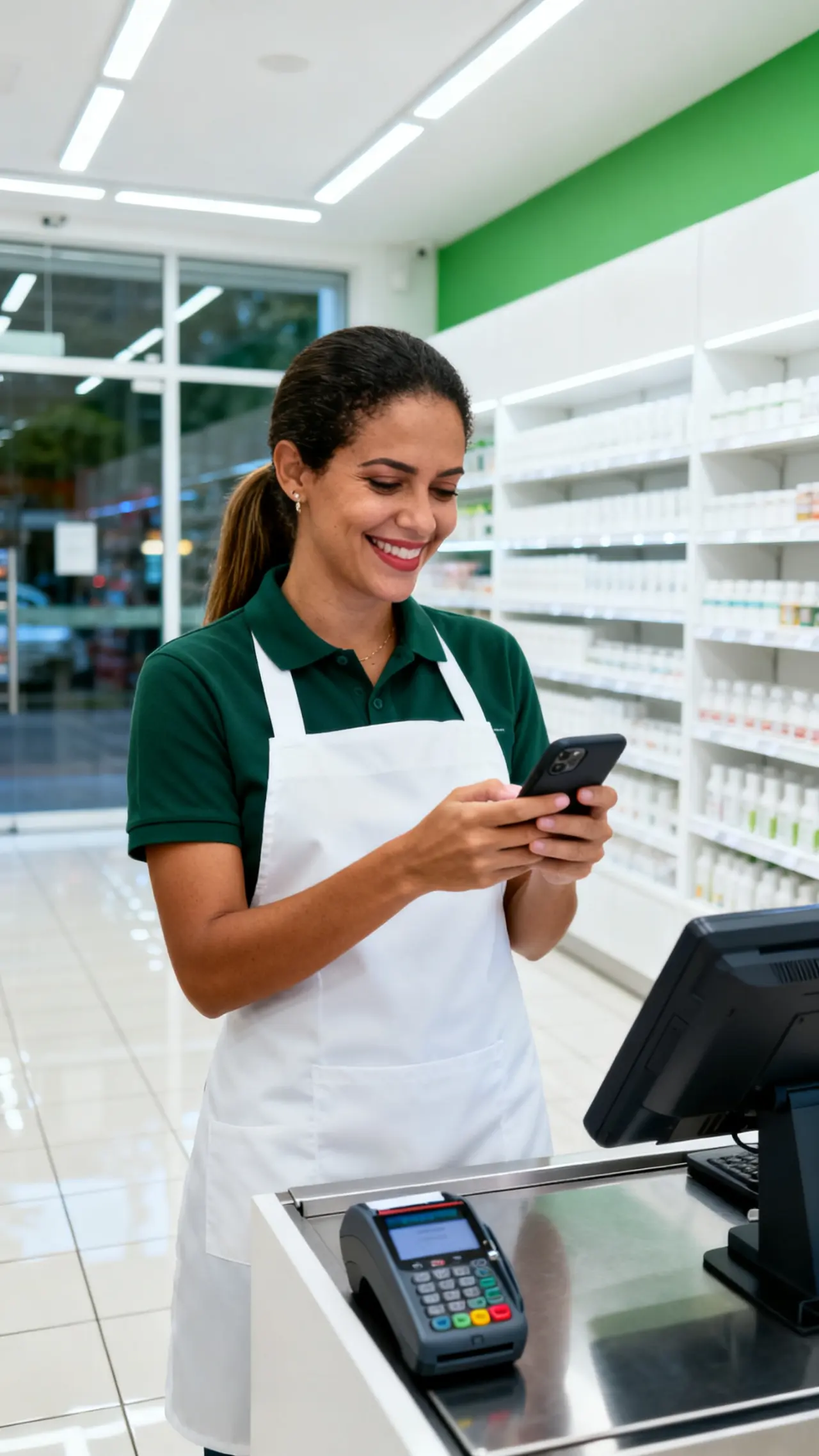 Dona de mercadinho de bairro atendendo pelo celular atrás do balcão