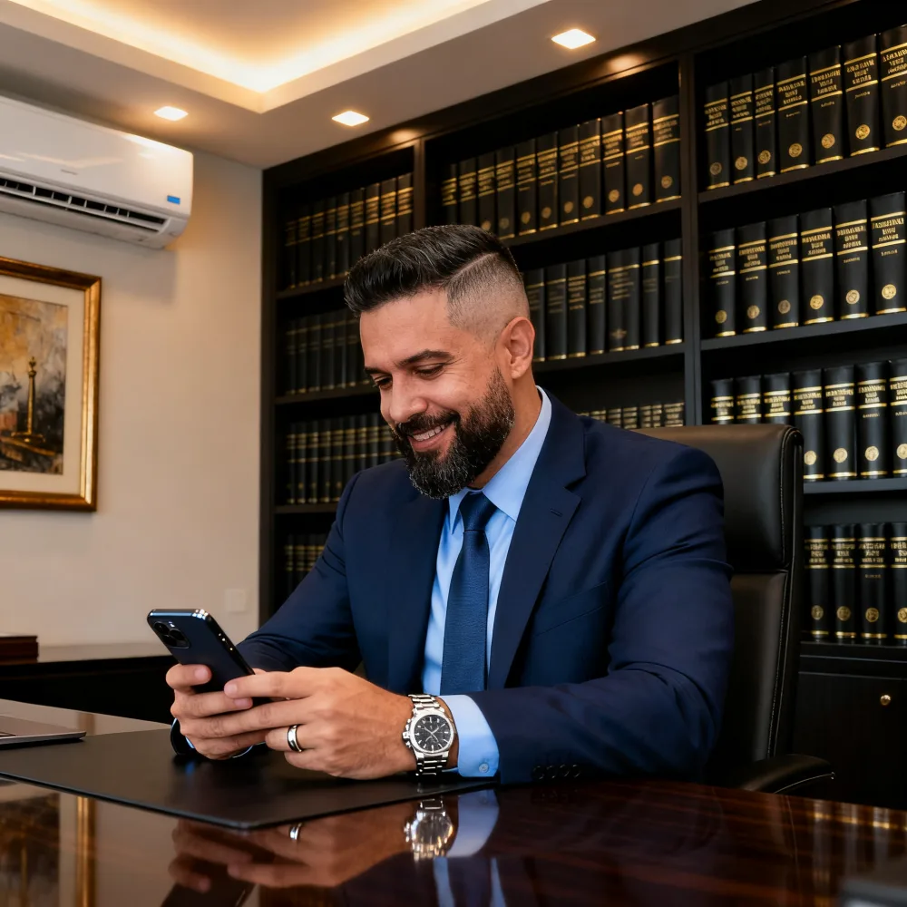 Advogado autônomo preenchendo o formulário pelo celular no escritório