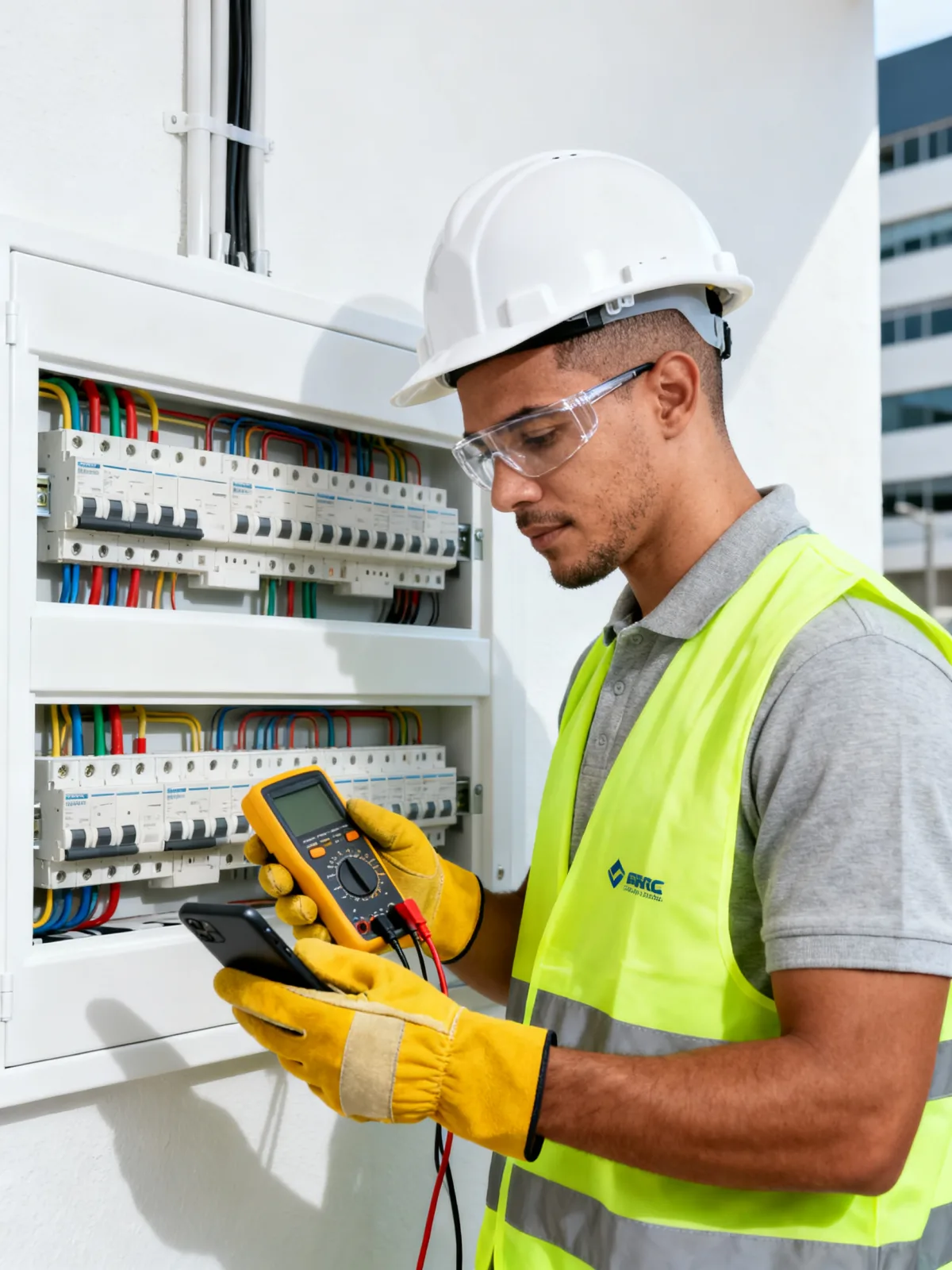 Eletricista autônomo conferindo o celular durante o trabalho