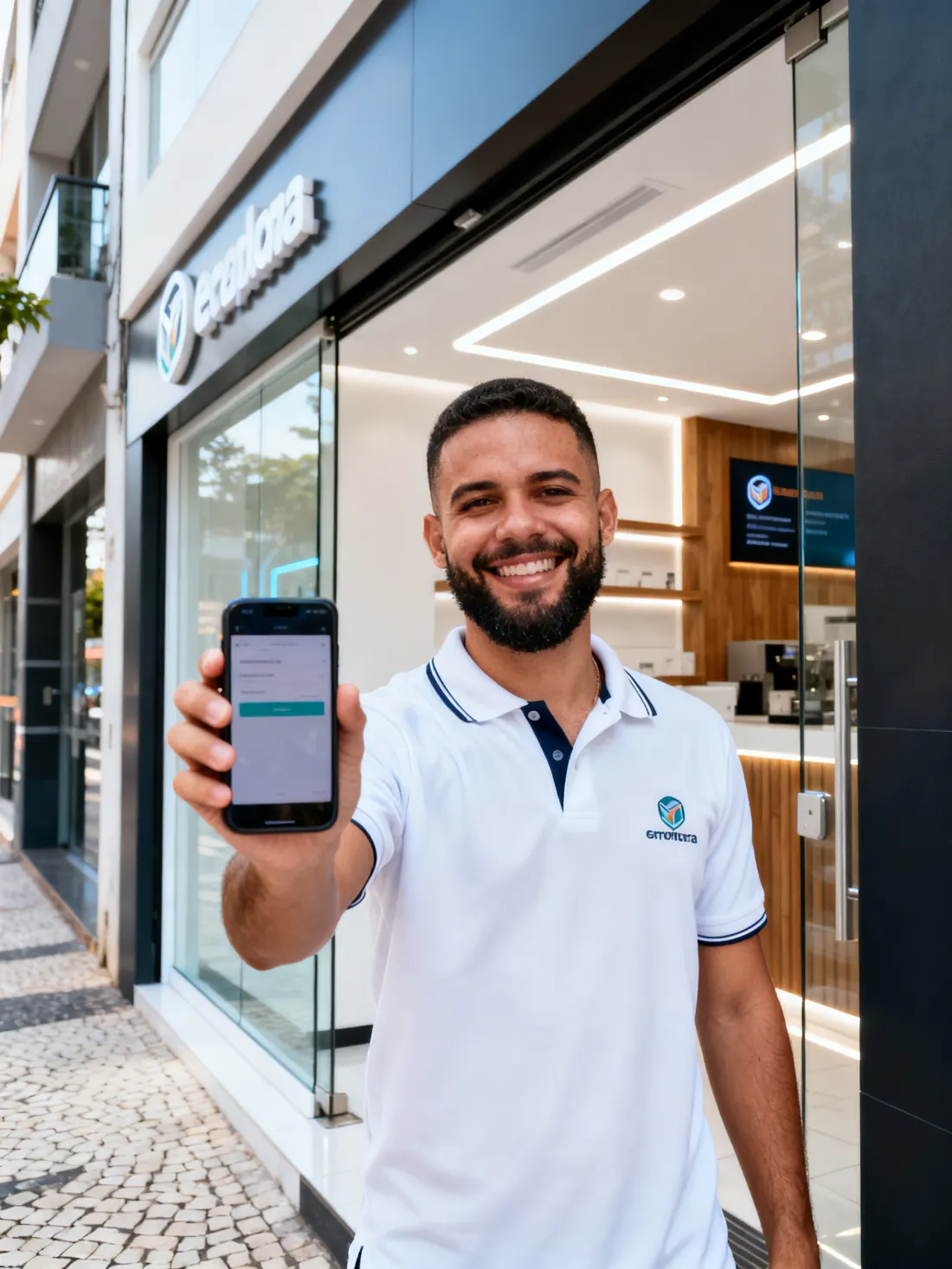 Dono de mercadinho mostrando a própria página de vendas no celular